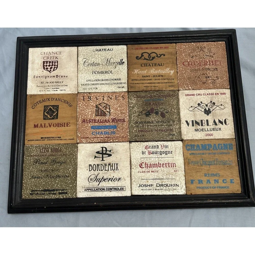 Vintage Style WIne Champagne Wall Decor Country Rustic Squares 12”x18” Framed